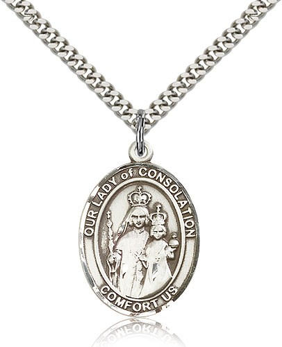 Our Lady of Consolation Medal, Sterling Silver, Large - 24&quot; 2.4mm Rhodium Plate Chain + Clasp