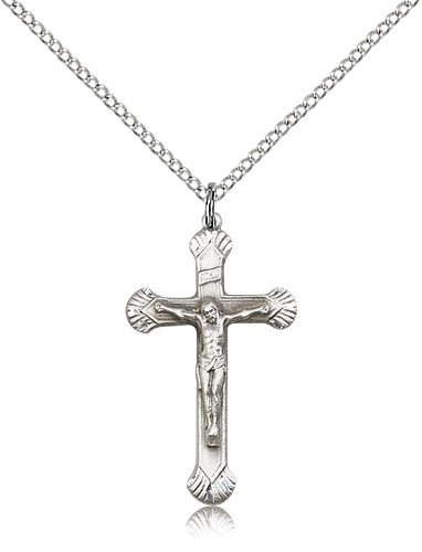 Crucifix Pendant, Sterling Silver - 18&quot; 1.2mm Sterling Silver Chain + Clasp