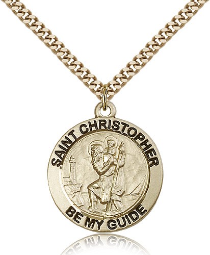 Men's Round 14kt Gold Filled St. Christopher Be My Guide Medal - 24&quot; 2.4mm Gold Plated Endless Chain