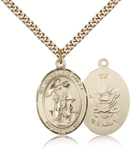 Guardian Angel Navy Medal, Gold Filled, Large - 24&quot; 2.4mm Gold Plated Chain + Clasp