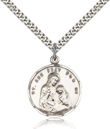 St. Ann Medal, Sterling Silver - 24&quot; 2.4mm Rhodium Plate Endless Chain