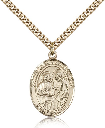 Sts. Cosmas and Damian Medal, Gold Filled, Large - 24&quot; 2.4mm Gold Plated Chain + Clasp