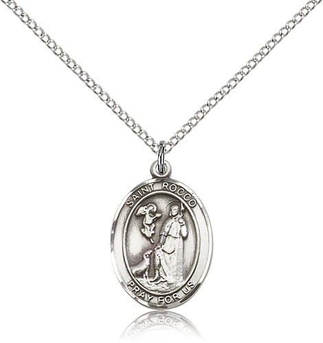 St. Rocco Medal, Sterling Silver, Small - 18&quot; 1.2mm Sterling Silver Chain + Clasp