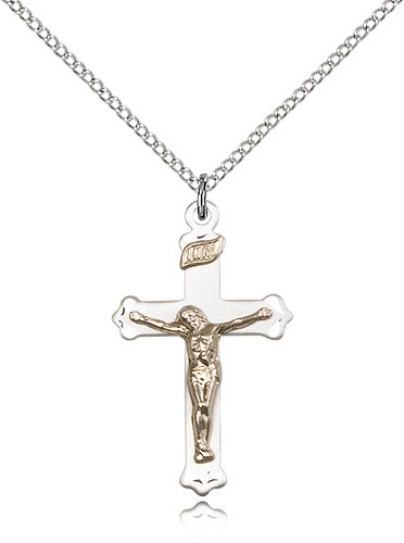 Crucifix Pendant, Two-Tone - 18&quot; 1.2mm Sterling Silver Chain + Clasp