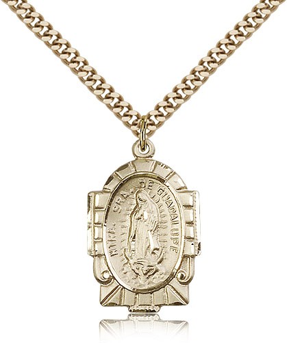 Our Lady of Guadalupe Medal, Gold Filled - 24&quot; 2.4mm Gold Plated Endless Chain