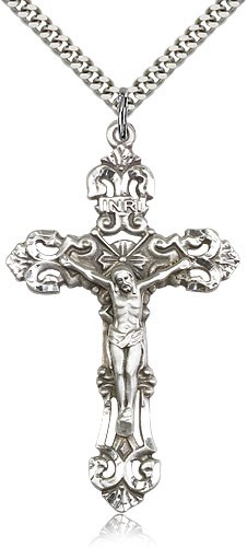 Large Sterling Silver Crucifix Pendant - 24&quot; 2.4mm Rhodium Plate Endless Chain