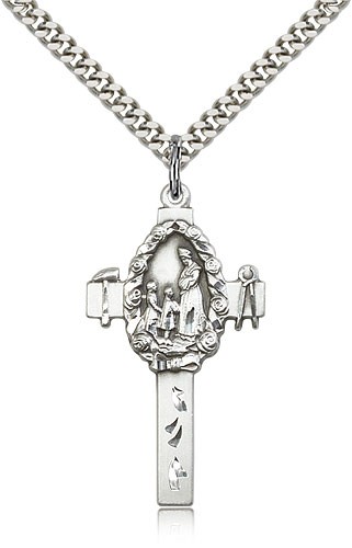 Cross Pendant, Sterling Silver - 24&quot; 2.4mm Rhodium Plate Endless Chain