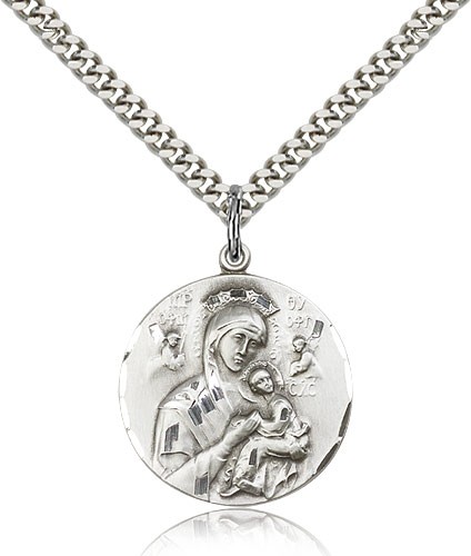 Our Lady of Perpetual Help Medal, Sterling Silver - 24&quot; 2.4mm Rhodium Plate Endless Chain