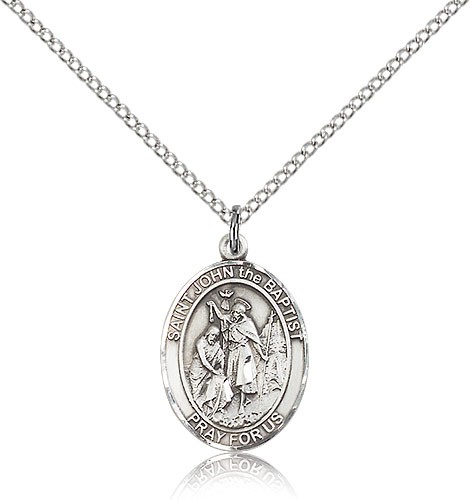 St. John the Baptist Medal, Sterling Silver, Medium - 18&quot; 1.2mm Sterling Silver Chain + Clasp