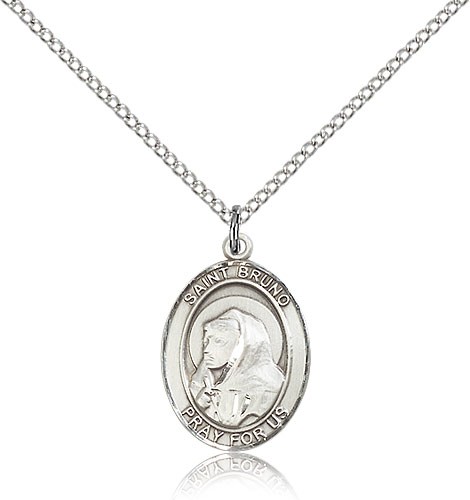 St. Bruno Medal, Sterling Silver, Medium - 18&quot; 1.2mm Sterling Silver Chain + Clasp