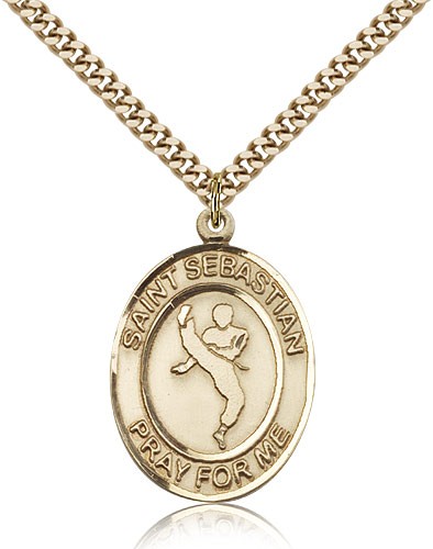 St. Sebastian Martial Arts Medal, Gold Filled, Large - 24&quot; 2.4mm Gold Plated Chain + Clasp