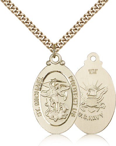 St. Michael Navy Medal, Gold Filled - 24&quot; 2.4mm Gold Plated Endless Chain
