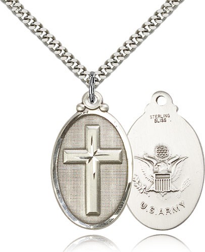 Army Cross Pendant, Sterling Silver - 24&quot; 2.4mm Rhodium Plate Endless Chain