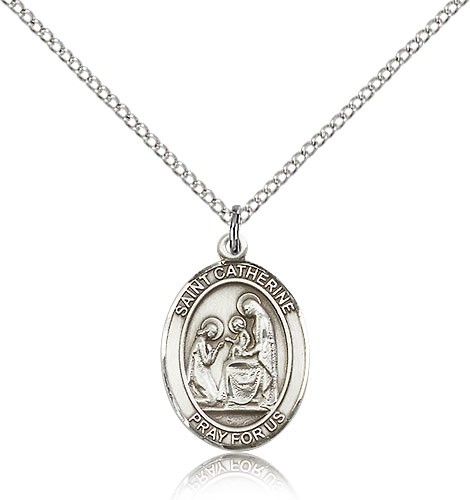 St. Catherine of Siena Medal, Sterling Silver, Medium - 18&quot; 1.2mm Sterling Silver Chain + Clasp