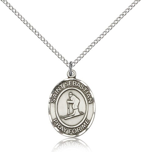 St. Sebastian Skiing Medal, Sterling Silver, Medium - 18&quot; 1.2mm Sterling Silver Chain + Clasp