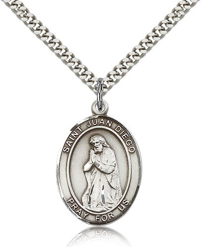 St. Juan Diego Medal, Sterling Silver, Large - 24&quot; 2.4mm Rhodium Plate Chain + Clasp