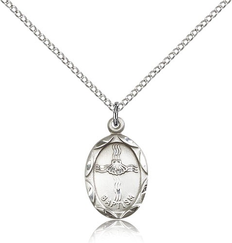 Baptism Medal, Sterling Silver - 18&quot; 1.2mm Sterling Silver Chain + Clasp