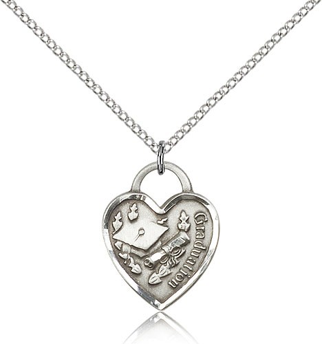Graduation Heart Medal, Sterling Silver - 18&quot; 1.2mm Sterling Silver Chain + Clasp