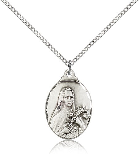 St. Theresa Medal, Sterling Silver - 18&quot; 1.2mm Sterling Silver Chain + Clasp