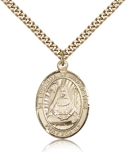 St. Edburga of Winchester Medal, Gold Filled, Large - 24&quot; 2.4mm Gold Plated Chain + Clasp