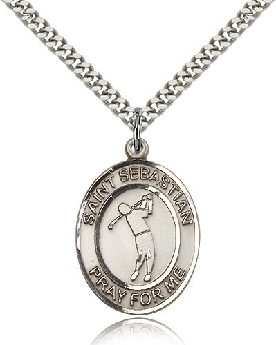 St. Sebastian Golf Medal, Sterling Silver, Large - 24&quot; 2.4mm Rhodium Plate Chain + Clasp