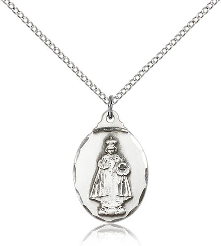 Infant of Prague Medal, Sterling Silver - 18&quot; 1.2mm Sterling Silver Chain + Clasp