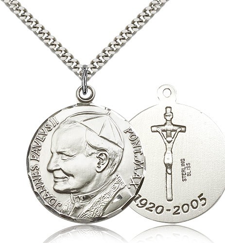 Pope John Paul II Medal, Sterling Silver - 24&quot; 2.4mm Rhodium Plate Endless Chain