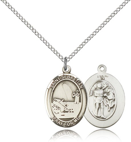 St. Sebastian Fishing Medal, Sterling Silver, Medium - 18&quot; 1.2mm Sterling Silver Chain + Clasp
