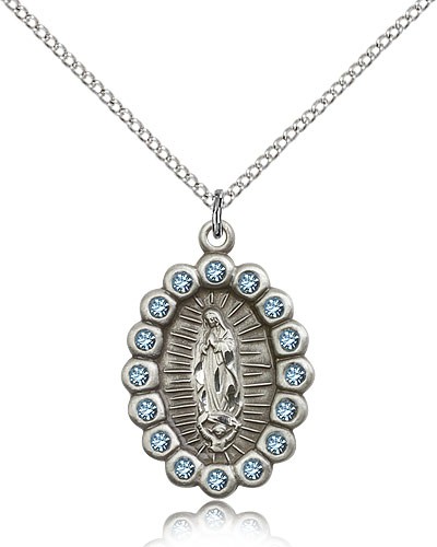 Our Lady of Guadalupe Medal, Sterling Silver - 18&quot; 1.2mm Sterling Silver Chain + Clasp