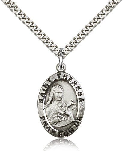 St. Theresa Medal, Sterling Silver - 24&quot; 2.4mm Rhodium Plate Endless Chain