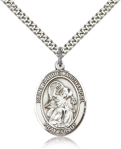 St. Gabriel the Archangel Medal, Sterling Silver, Large - 24&quot; 2.4mm Rhodium Plate Chain + Clasp