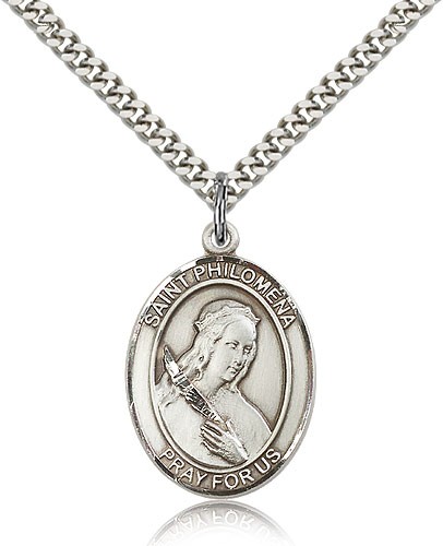 St. Philomena Medal, Sterling Silver, Large - 24&quot; 2.4mm Rhodium Plate Chain + Clasp