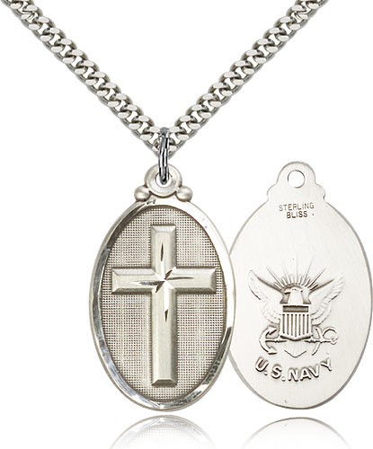 Navy Cross Pendant, Sterling Silver - 24&quot; 2.4mm Rhodium Plate Endless Chain