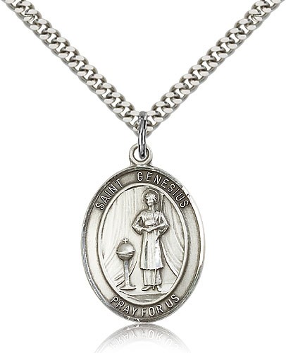 St. Genesius of Rome Medal, Sterling Silver, Large - 24&quot; 2.4mm Rhodium Plate Chain + Clasp