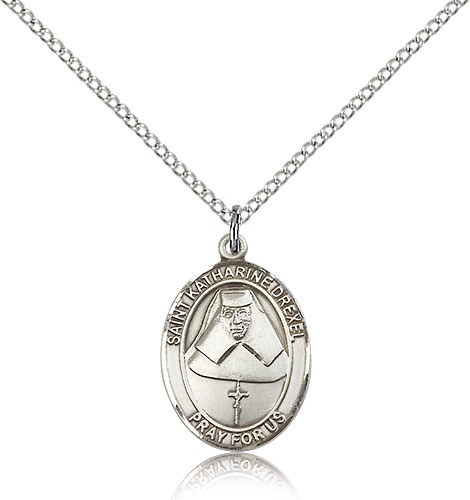 St. Katharine Drexel Medal, Sterling Silver, Medium - 18&quot; 1.2mm Sterling Silver Chain + Clasp