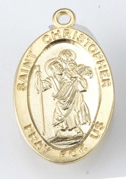 St. Christopher Pendant Oval, 16 Karat Gold Over Sterling Silver with Chain - Gold-tone