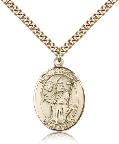 St. Boniface Medal, Gold Filled, Large - 24&quot; 2.4mm Gold Plated Chain + Clasp