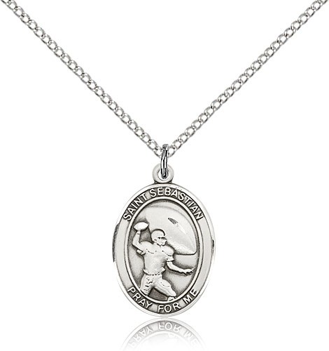 St. Sebastian Football Medal, Sterling Silver, Medium - 18&quot; 1.2mm Sterling Silver Chain + Clasp