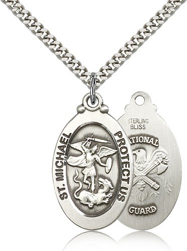 St. Michael National Guard Medal, Sterling Silver - 24&quot; 2.4mm Rhodium Plate Endless Chain