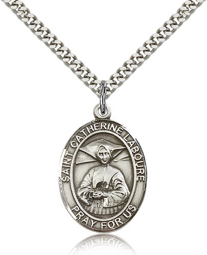 St. Catherine Laboure Medal, Sterling Silver, Large - 24&quot; 2.4mm Rhodium Plate Chain + Clasp