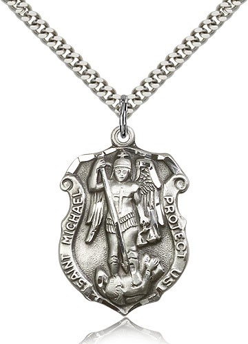 St. Michael the Archangel Medal, Sterling Silver - 24&quot; 2.4mm Rhodium Plate Endless Chain