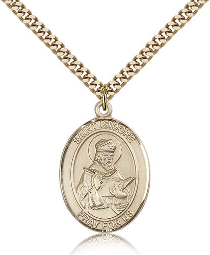 St. Isidore of Seville Medal, Gold Filled, Large - 24&quot; 2.4mm Gold Plated Chain + Clasp