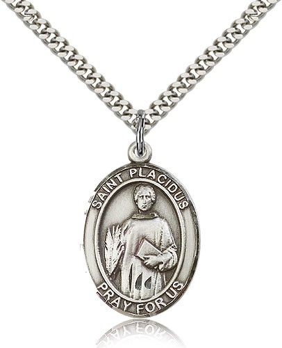 St. Placidus Medal, Sterling Silver, Large - 24&quot; 2.4mm Rhodium Plate Chain + Clasp