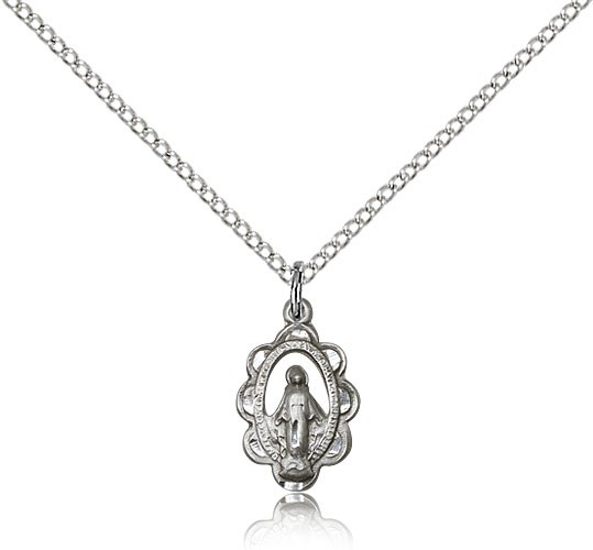 Miraculous Medal, Sterling Silver - 18&quot; 1.2mm Sterling Silver Chain + Clasp