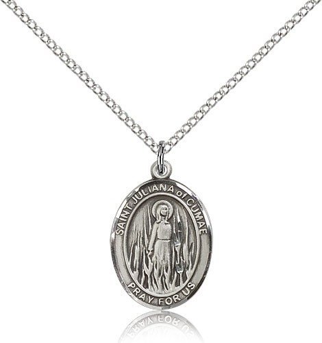 St. Juliana Medal, Sterling Silver, Medium - 18&quot; 1.2mm Sterling Silver Chain + Clasp