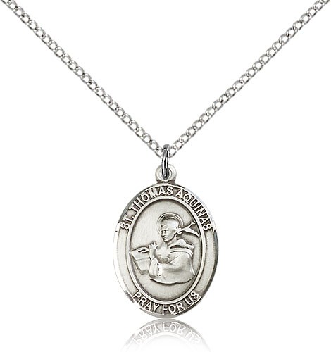 St. Thomas Aquinas Medal, Sterling Silver, Medium - 18&quot; 1.2mm Sterling Silver Chain + Clasp