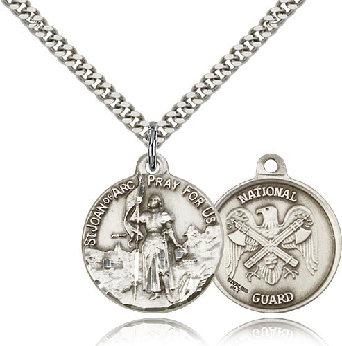 St. Joan of Arc National Guard Medal, Sterling Silver - 24&quot; 2.4mm Rhodium Plate Endless Chain