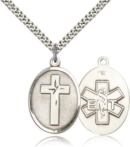EMT Cross Pendant, Sterling Silver - 24&quot; 2.4mm Rhodium Plate Endless Chain