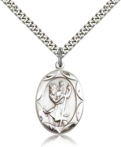 St. Christopher Medal, Sterling Silver - 24&quot; 2.4mm Rhodium Plate Endless Chain