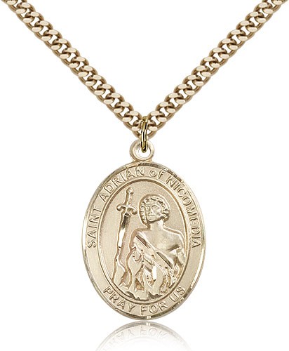 St. Adrian of Nicomedia Medal, Gold Filled, Large - 24&quot; 2.4mm Gold Plated Chain + Clasp